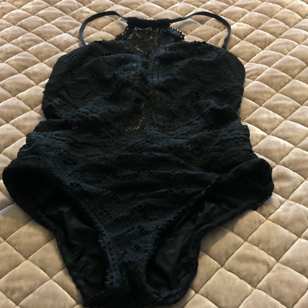 BECCA Black Crochet One-Piece Swimsuit with Brass Accents